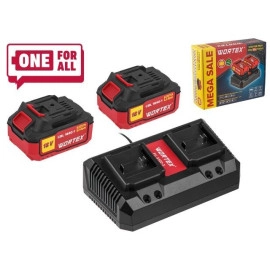 Набор аккумулятор 2х4 А*ч и зарядное устройство 2х2 А WORTEX ALL1 XLT в кор. SET (18.0 В, 2x4.0 А*ч, индикатор заряда, обрезиненный корпус, зарядное:  (1329413)